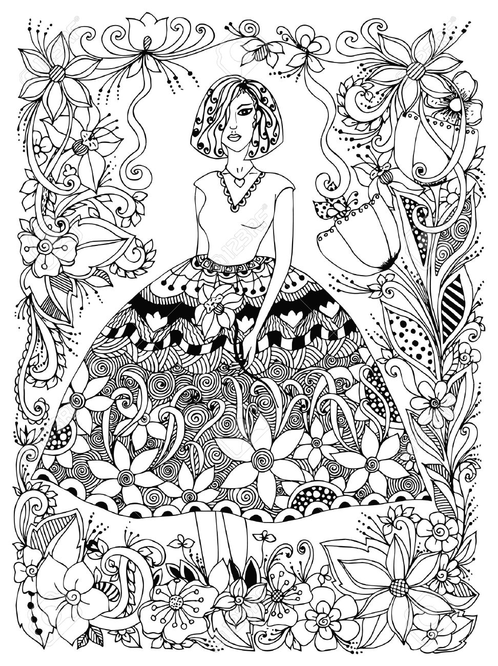 ベクトル イラスト少女緑豊かなドレス完全な成長で花を保持します 花 落書き Zenart のフレーム 黒と白 抗ストレス 大人のぬりえの本 の イラスト素材 ベクタ Image