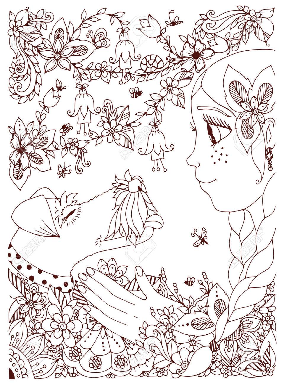 Vector Illustration D une Fille Avec Des Taches De Rousseur étreindre renard chien terrier fleurs de griffonnage cadre forªt jardin dessin animé Coloriage livre anti stress pour les adultes