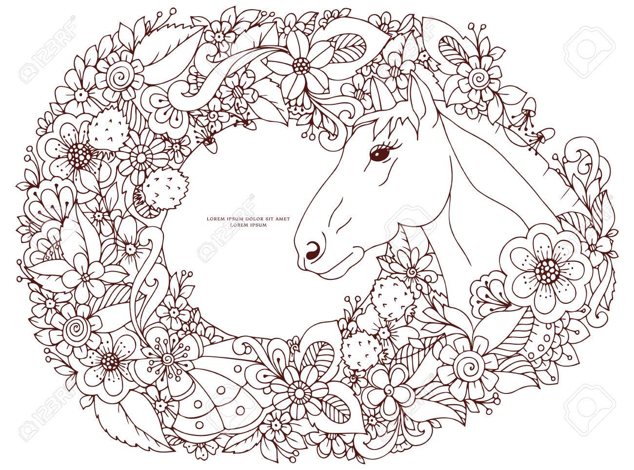 ベクトル イラスト花フレームで禅もつれ馬 花 動物を落書き アンチ ストレス大人のための塗り絵 ページを着色 茶色と白です のイラスト素材 ベクタ Image