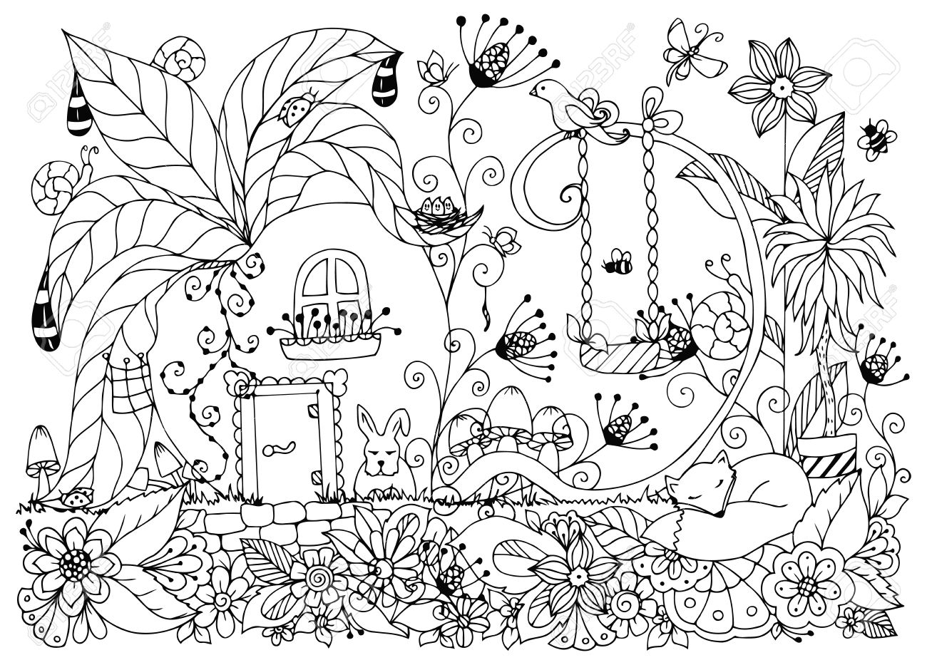 ilustracin vectorial zen enredo casa de rbanos flores de bosquejo jardn naturaleza