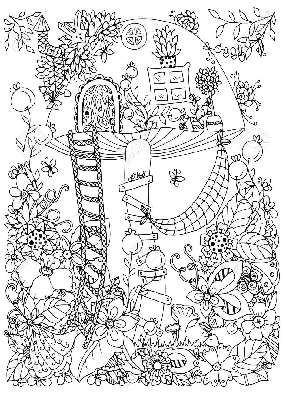 ベクトル イラスト禅もつれ フォレスト内菌の家を落書き 落書きの花 アンチ ストレス大人のための塗り絵 ページを着色 黒と白 のイラスト素材 ベクタ Image 56718539