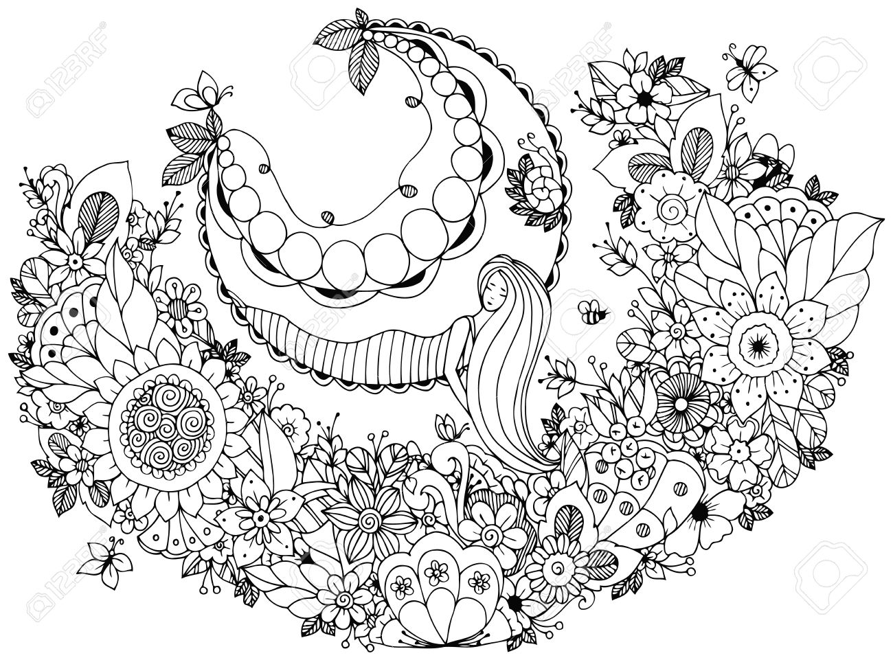 ベクトル図禅もつれ少女花のブランコに乗る 庭 森林 おやゆび姫を落書き アンチ ストレス大人のための塗り絵 ページを着色 黒と白 のイラスト素材 ベクタ Image 56718550