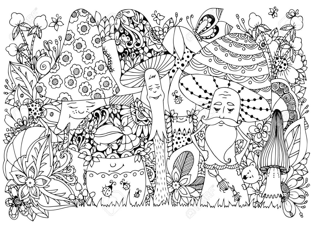 Vector Illustration Zen Tangle Mushrooms In The Forest Cartoon Vector illustration Zen Tangle of mushrooms in the forest Cartoon doodle floral