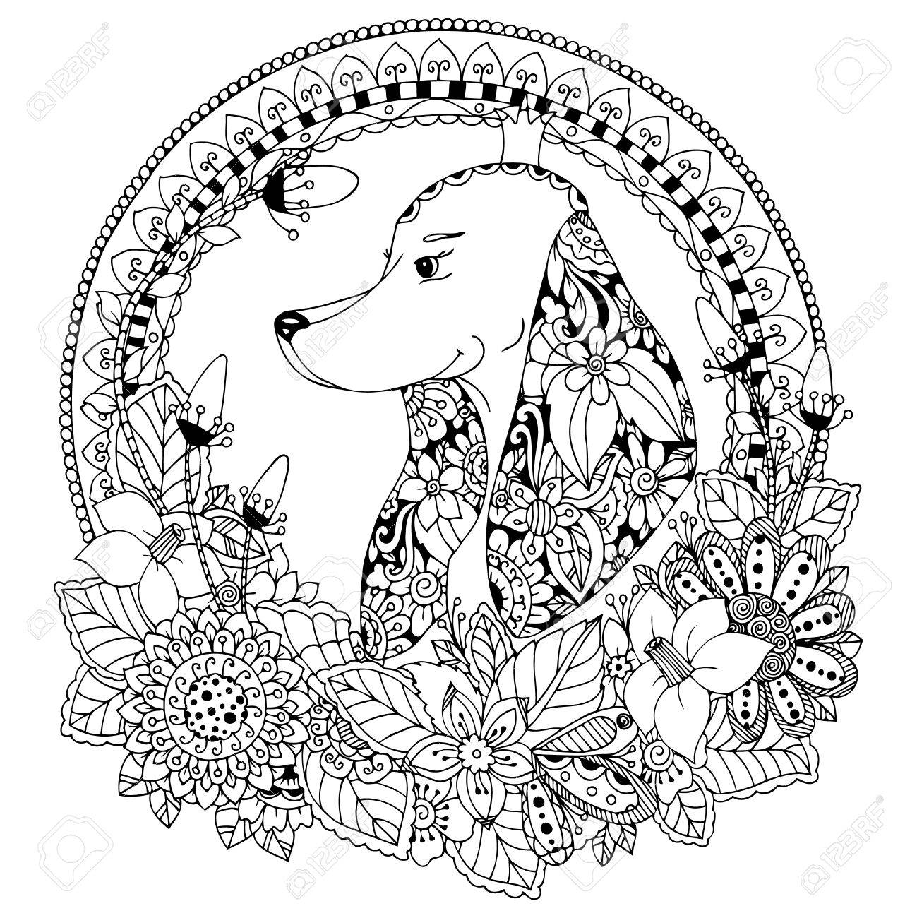 Vector Illustration Zen Tangle Dog In Round Frame Floral. Doodle ... Vector Illustration Zen Tangle Dog In Round Frame Floral. Doodle ...