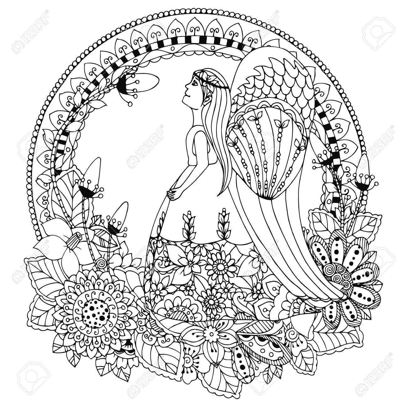 Vector illustration Zen Tangle ange fille avec des fleurs dessin Doodle Coloriage livre anti