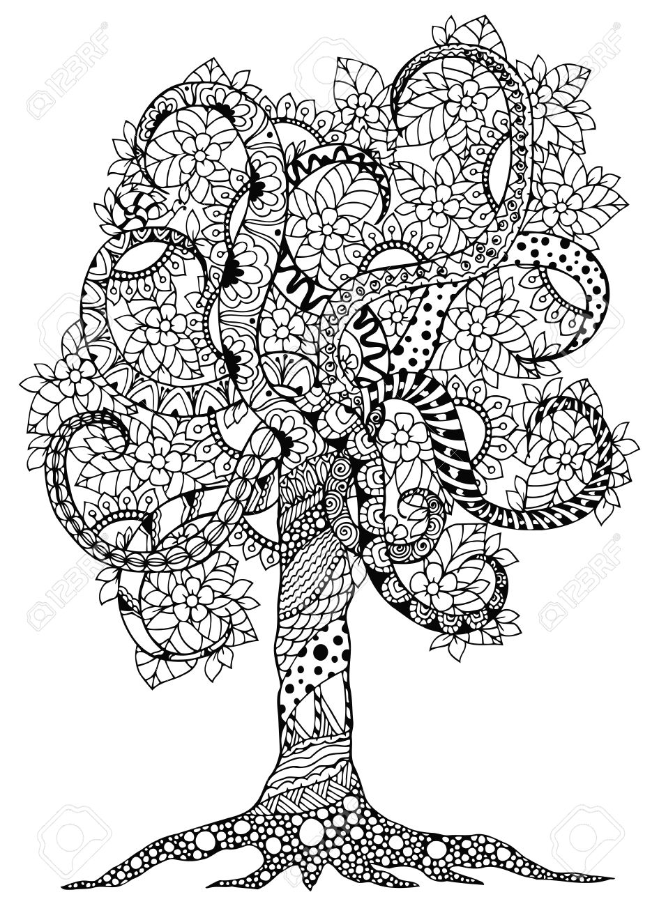 vettoriale zen groviglio fiore albero con ornamenti doodle disegno libro da colorare with disegno albero da colorare