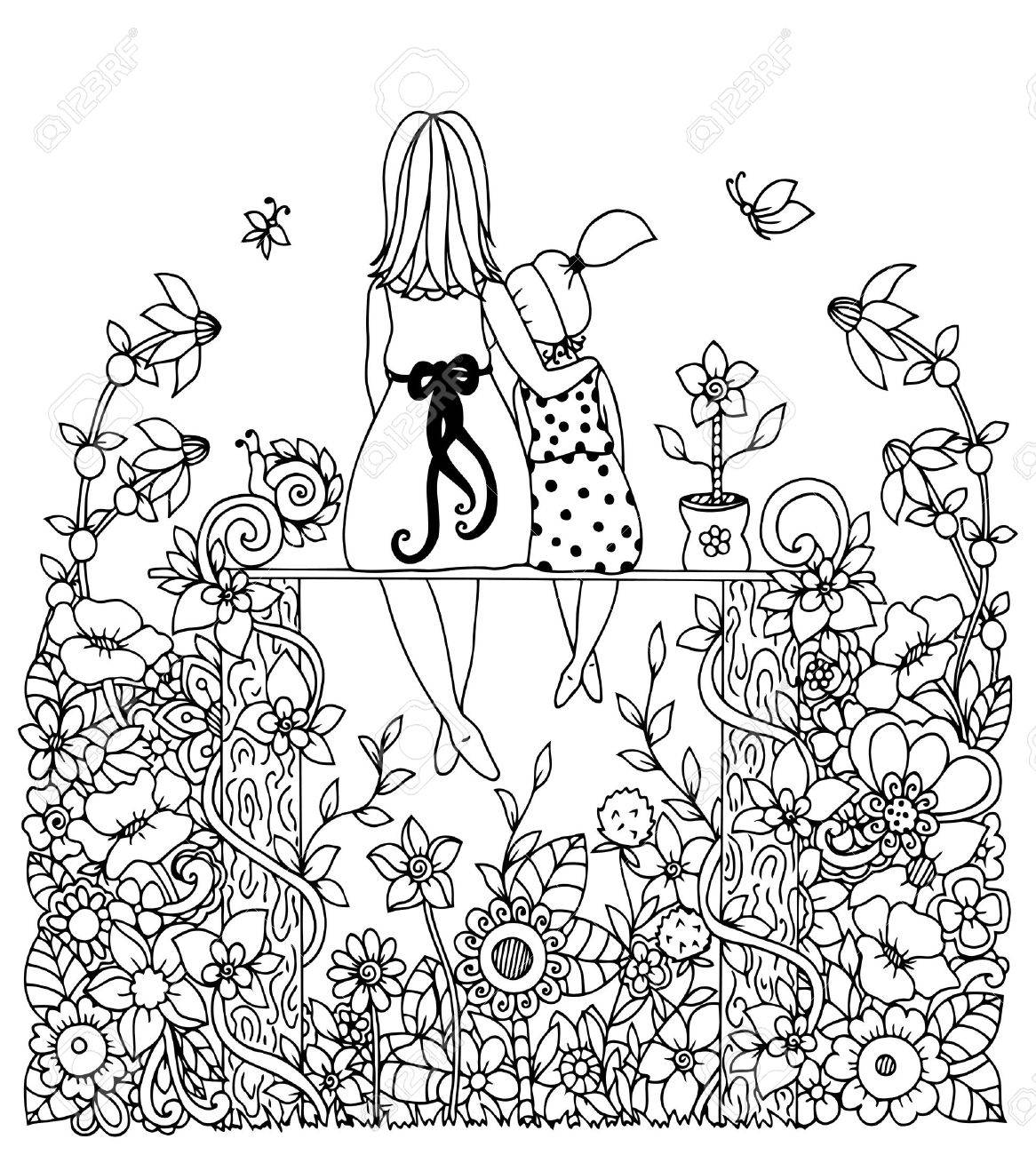Vector illustration zentangl mother and daughter sitting in the flowers Doodle drawing Coloring