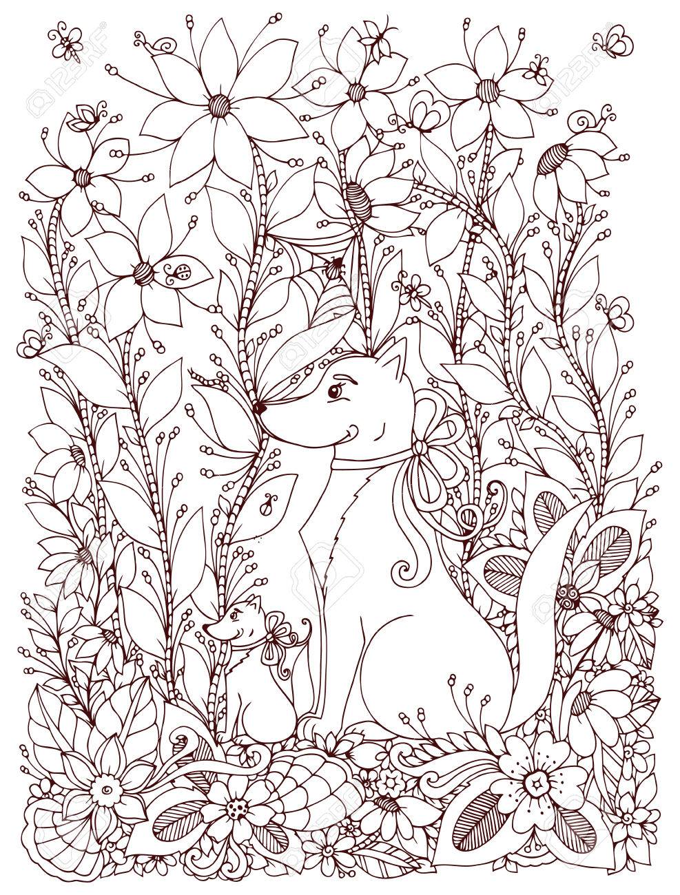 Vector illustration Zen Tangle dog and puppy sitting in the flowers Vector illustration Zen Tangle dog and puppy sitting in the flowers