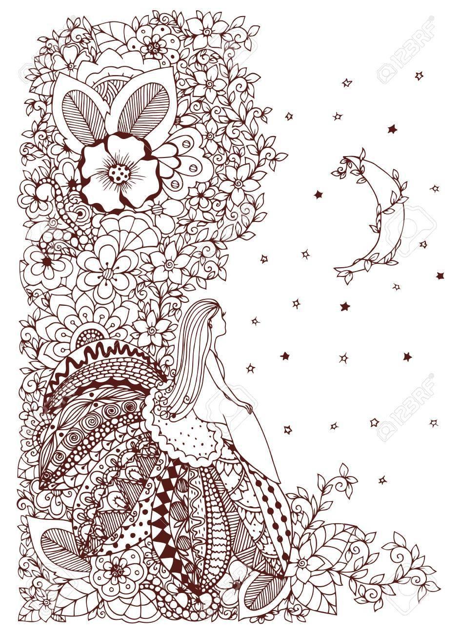 Vector Illustration Zen Tangle Petite Fille Assise Sur Une Fleur Et En Regardant Les étoiles Dessin Doodle Coloriage Anti Stress Pour Les Adultes