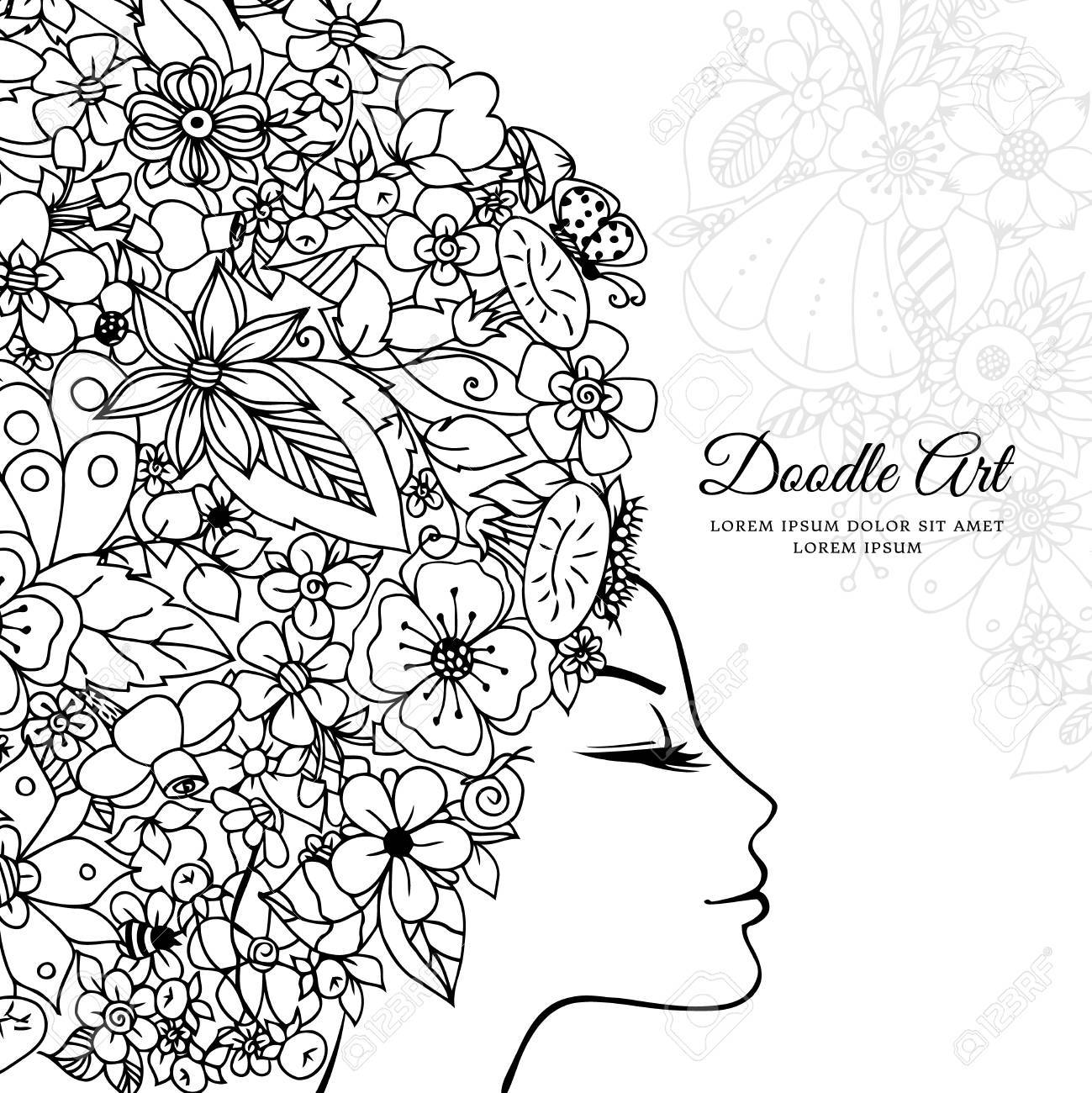 Vector La Ragazza Dello Zentangl Dellillustrazione Con I Fiori In Suoi Capelli Disegno Doodle Esercizio Meditativo Libro Da Colorare Contro Lo