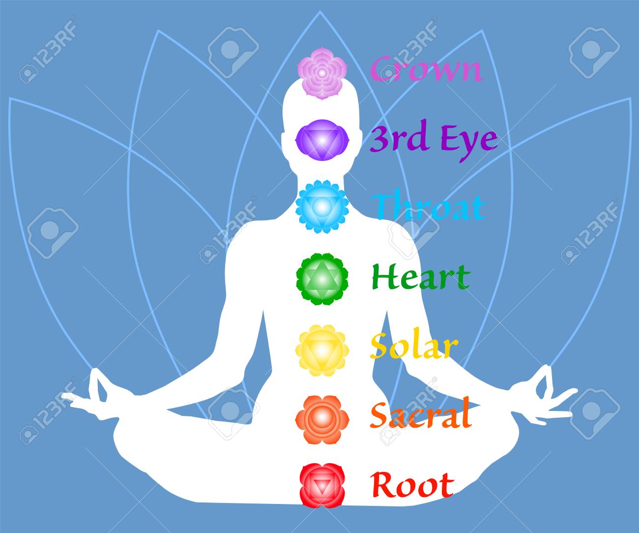 The Seven Chakra Names Map. Famale Body In Lotus Yoga Asana On ...