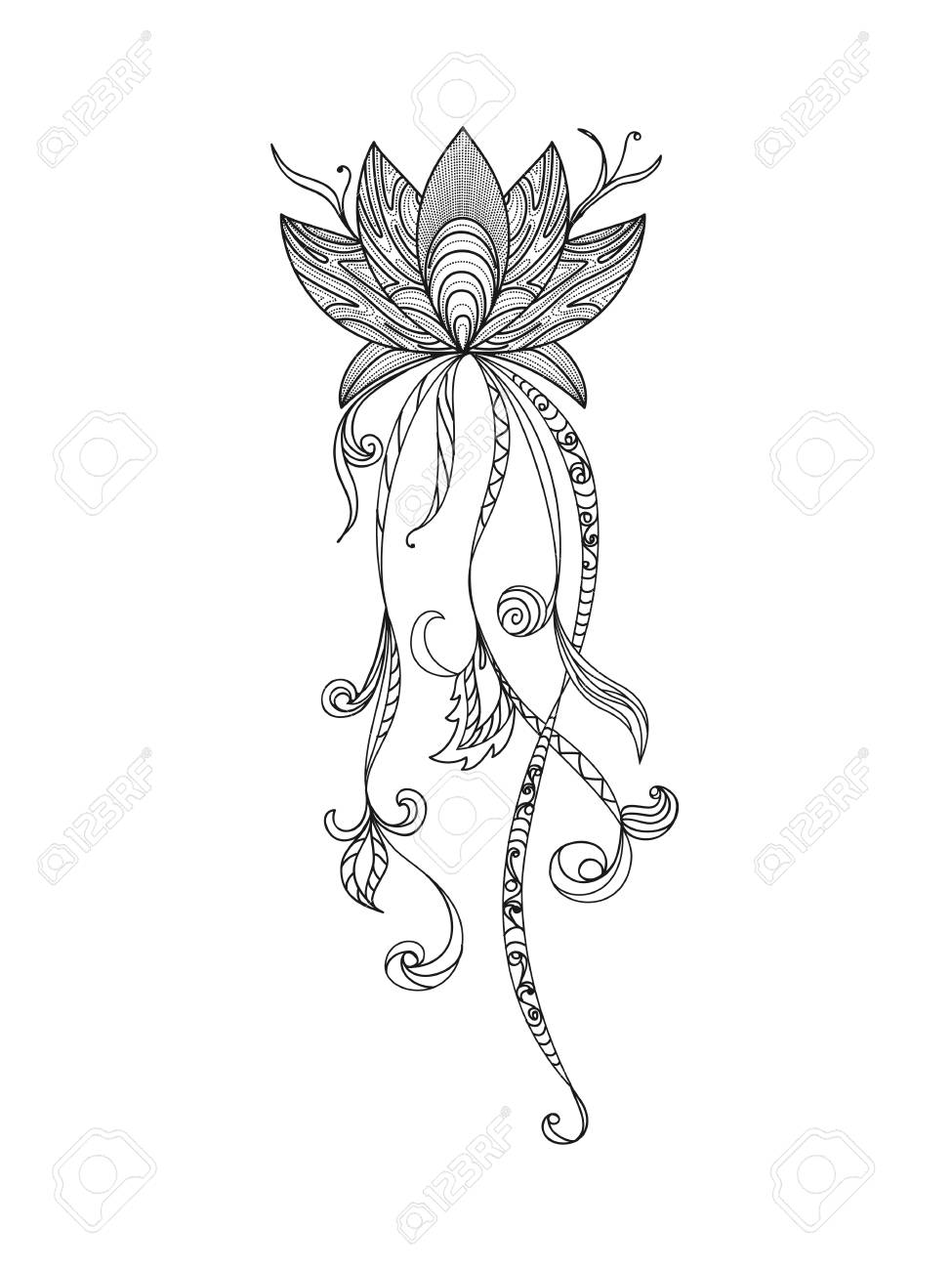 Vettoriale Disegno A Mano Elementi Di Loto Henne Fiori Yoga Design Mehendi Tatuaggio Doodles Di Raccolta In Bianco E Nero La Meditazione Aura Image