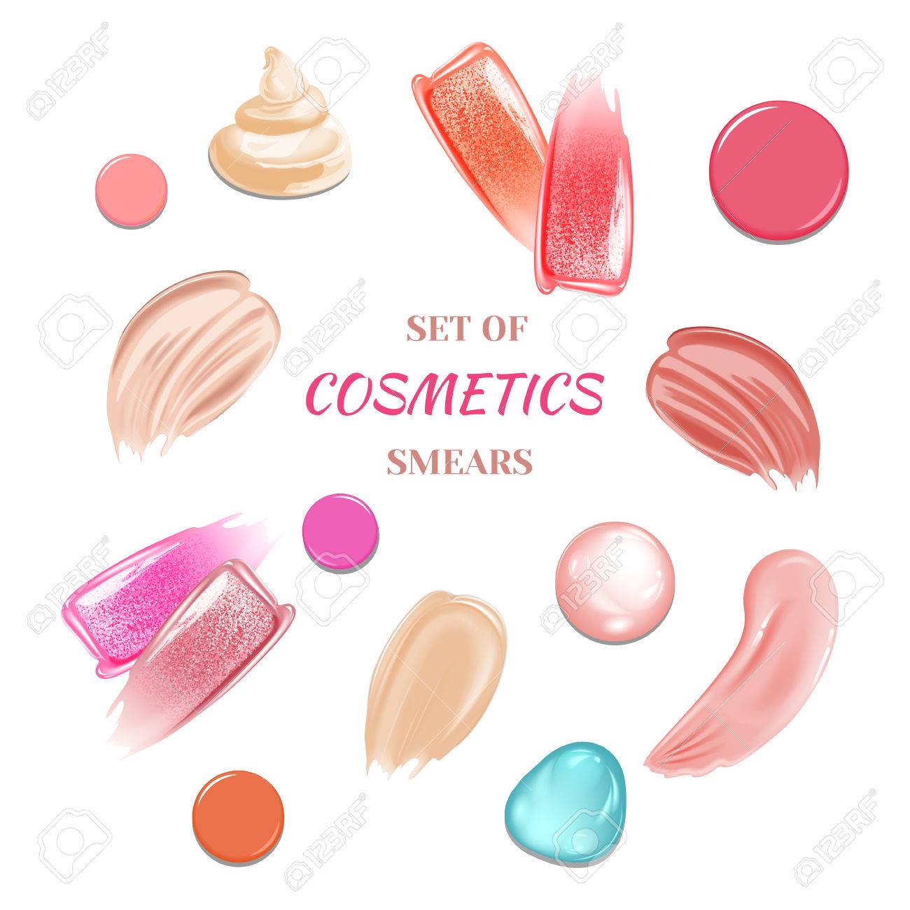 白い背景の上のジェル クリームの様々 な汚れ口紅 財団のコレクションを削除します 分離された化粧品のテクスチャのセットです 塗抹標本と滴のベクトル イラスト のイラスト素材 ベクタ Image 8597