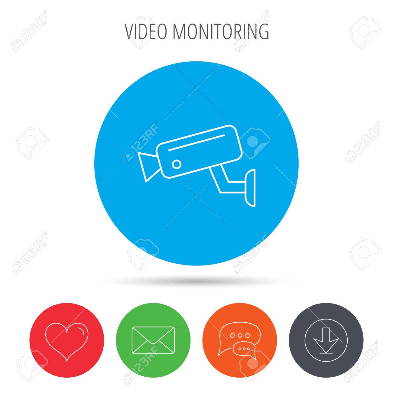 Video Monitoring Icon. Camera Cctv Sign. Mail, Download And Speech.