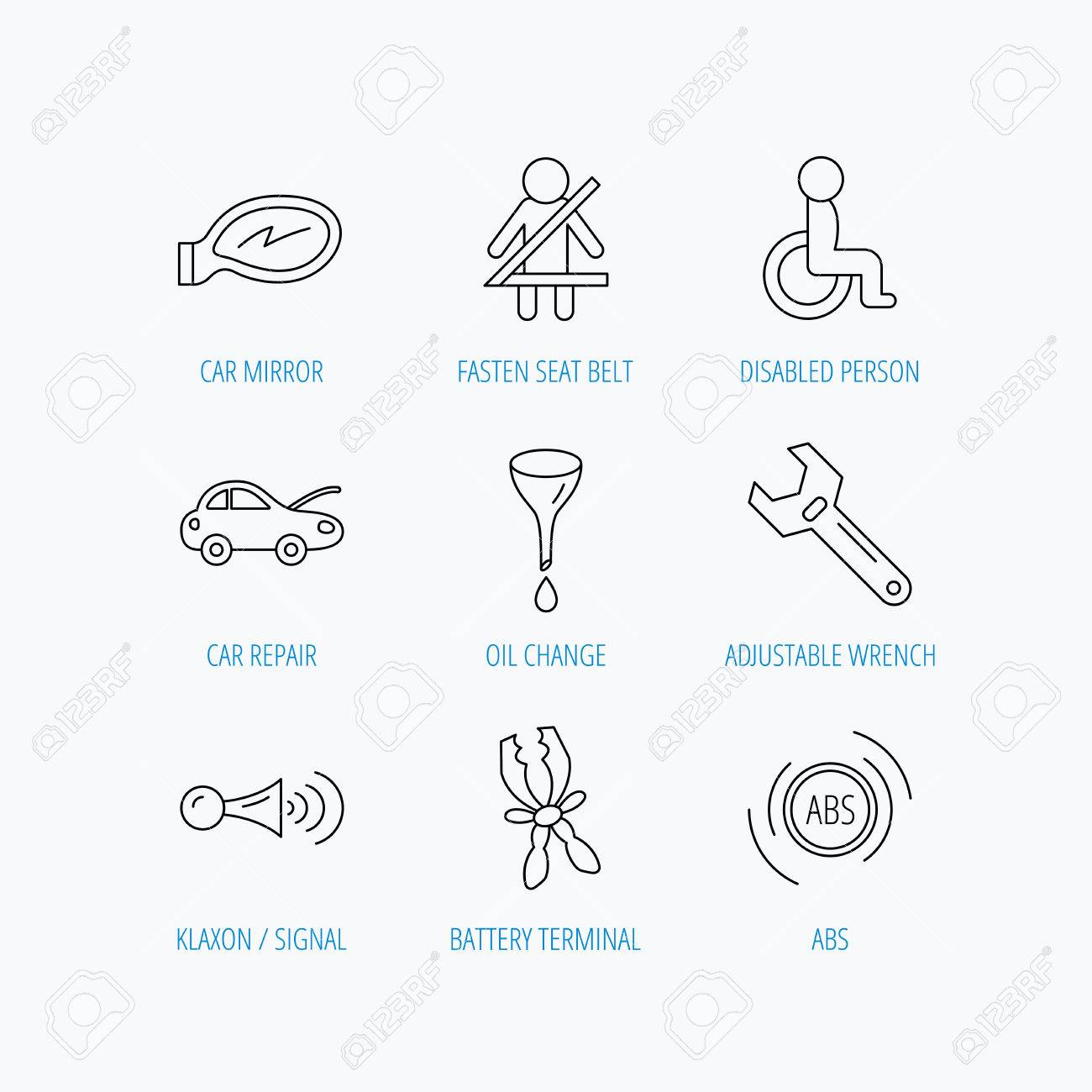 車のミラーの修理 オイル交換 レンチはツール アイコンです Abs クラクション信号 シートベルトの線形サインを固定します 障害者アイコン 線形は 白い背景の上のアイコンを設定します のイラスト素材 ベクタ Image