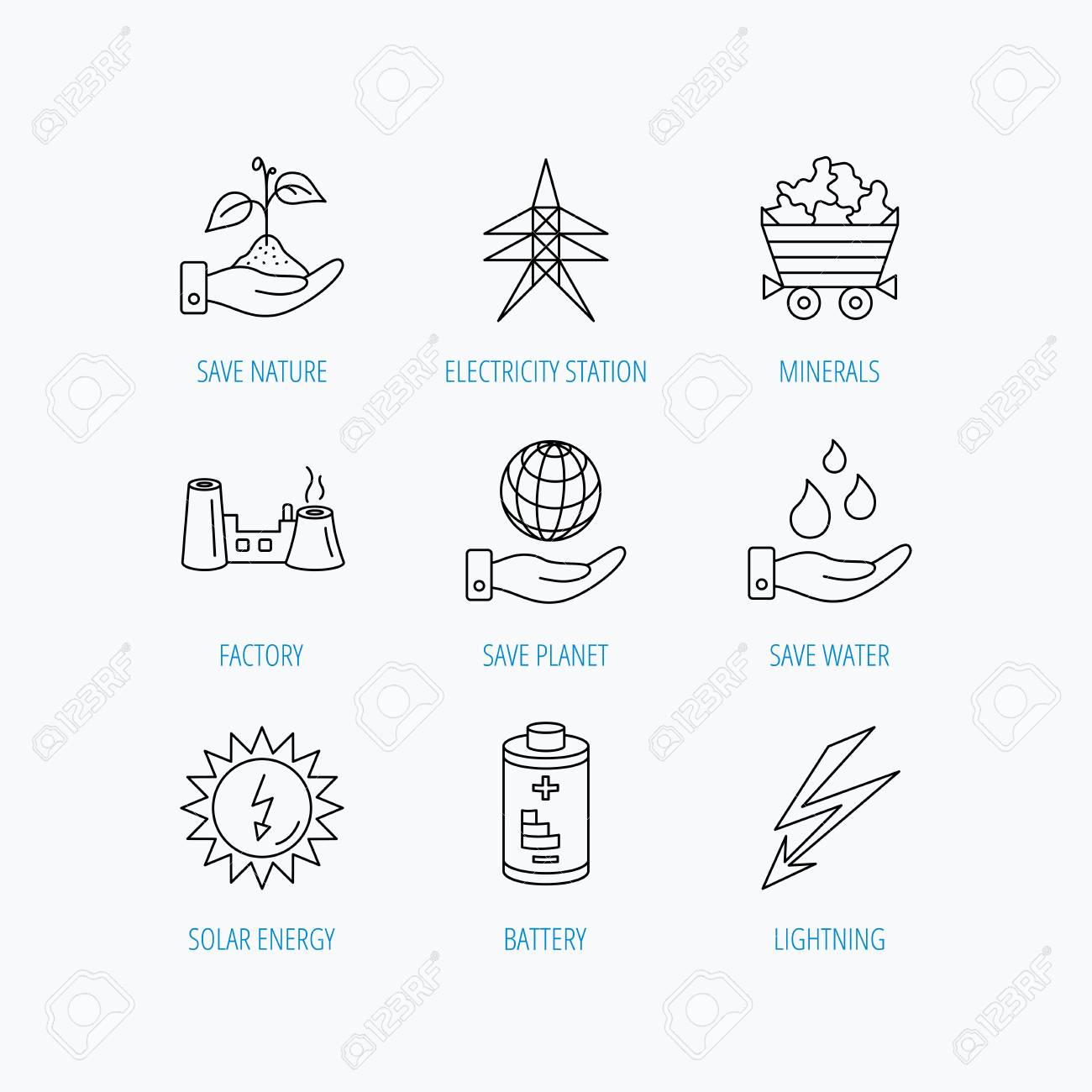 自然 地球と水のアイコンを保存します 雷のミネラルと太陽エネルギー線形標識 バッテリー 工場 電気は駅アイコンです 線形は 白い背景の上のアイコンを設定します のイラスト素材 ベクタ Image