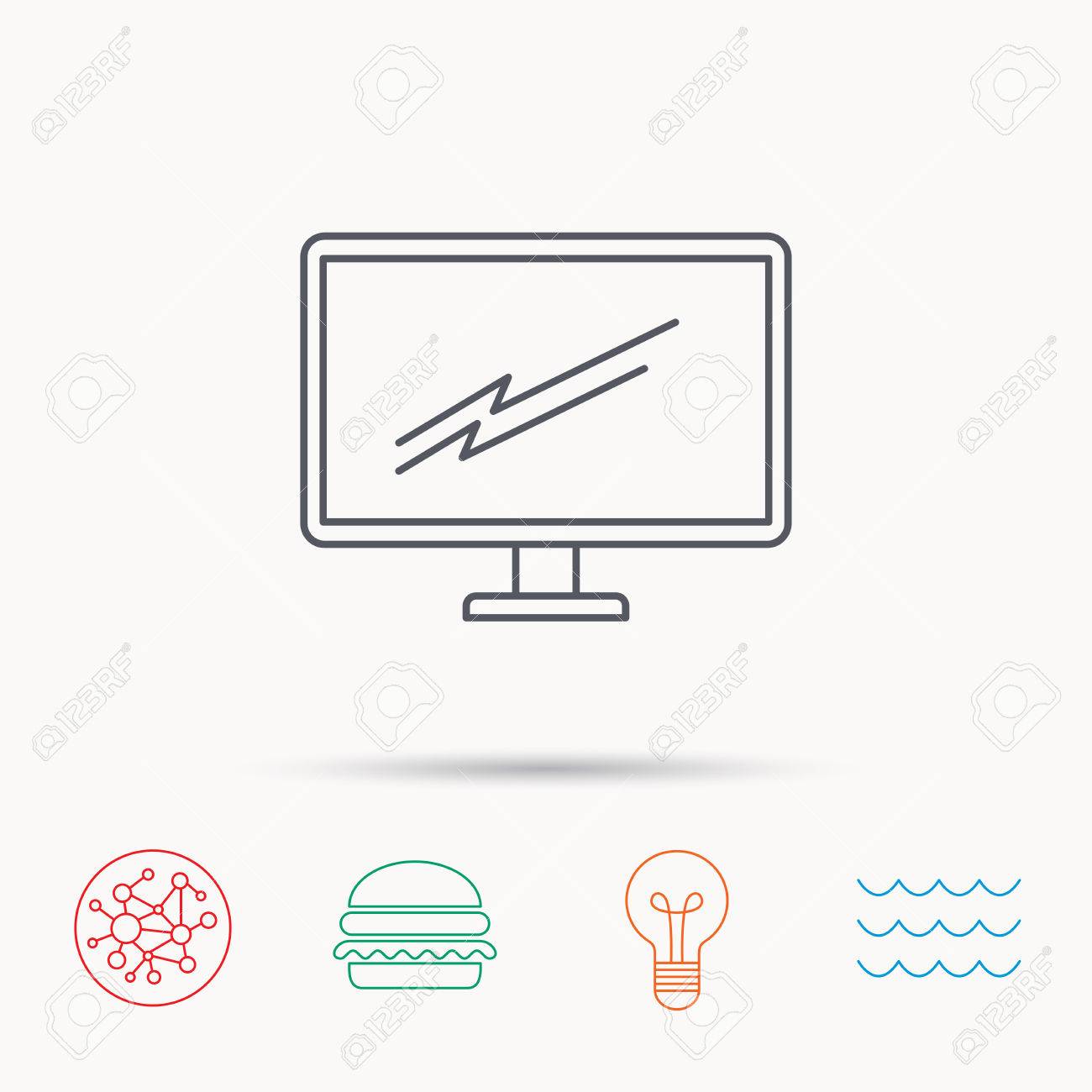 Pc モニターのアイコン Led テレビの看板 ワイド スクリーンの表示記号です グローバル ネットワーク 海の波 ハンバーガーの接続アイコン 電球のランプのシンボル のイラスト素材 ベクタ Image