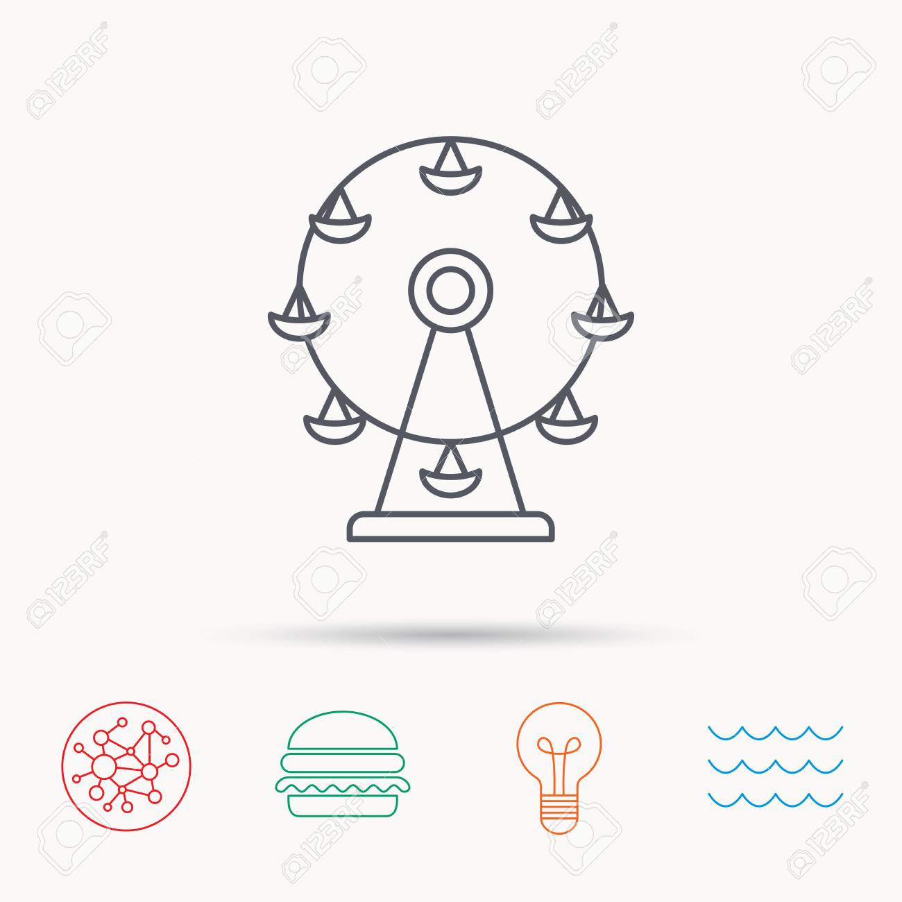 観覧車アイコン 娯楽公園の標識です グローバル ネットワーク 海の波 ハンバーガーの接続アイコン 電球のランプのシンボル のイラスト素材 ベクタ Image