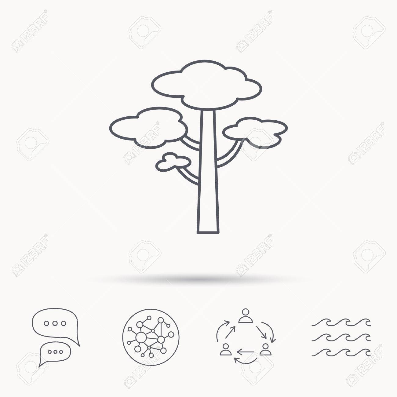 パイン ツリーのアイコン 木製の看板 自然環境のシンボル マーク グローバルは ネットワーク 海の波を接続し ダイアログのアイコンをチャット します チームワークのシンボル のイラスト素材 ベクタ Image