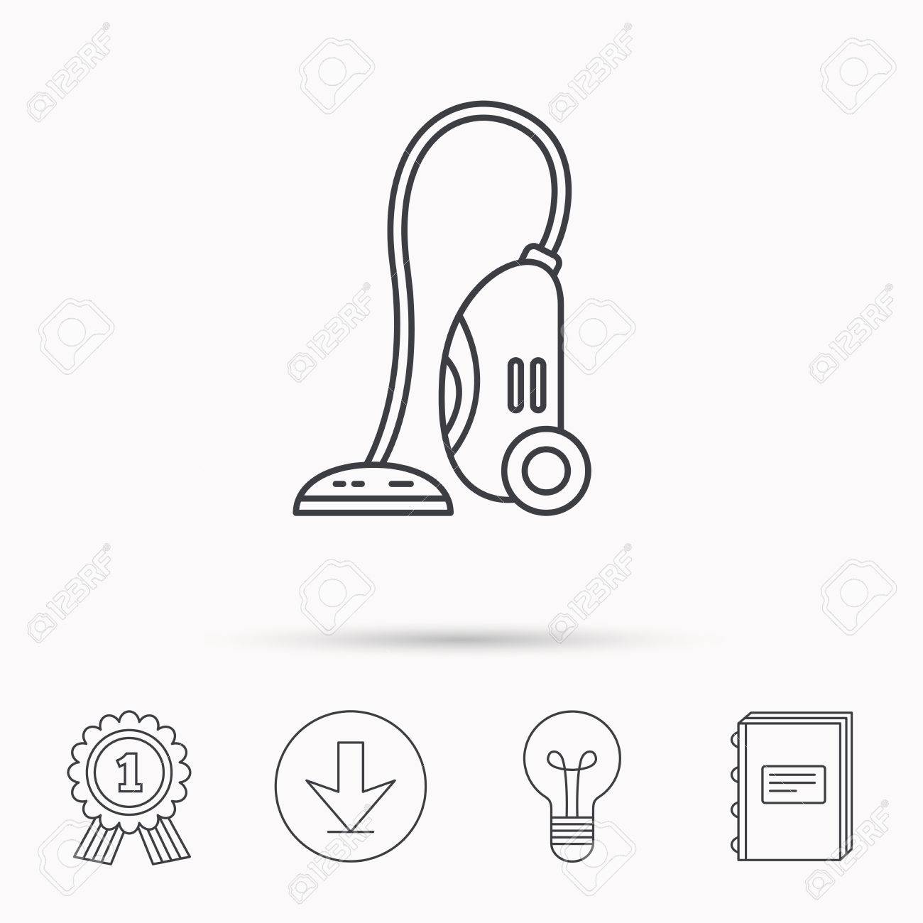 掃除機のアイコン 家事デバイスの記号 ダウンロードの矢印ランプ 学ぶ本とメダル アイコンを受賞します のイラスト素材 ベクタ Image