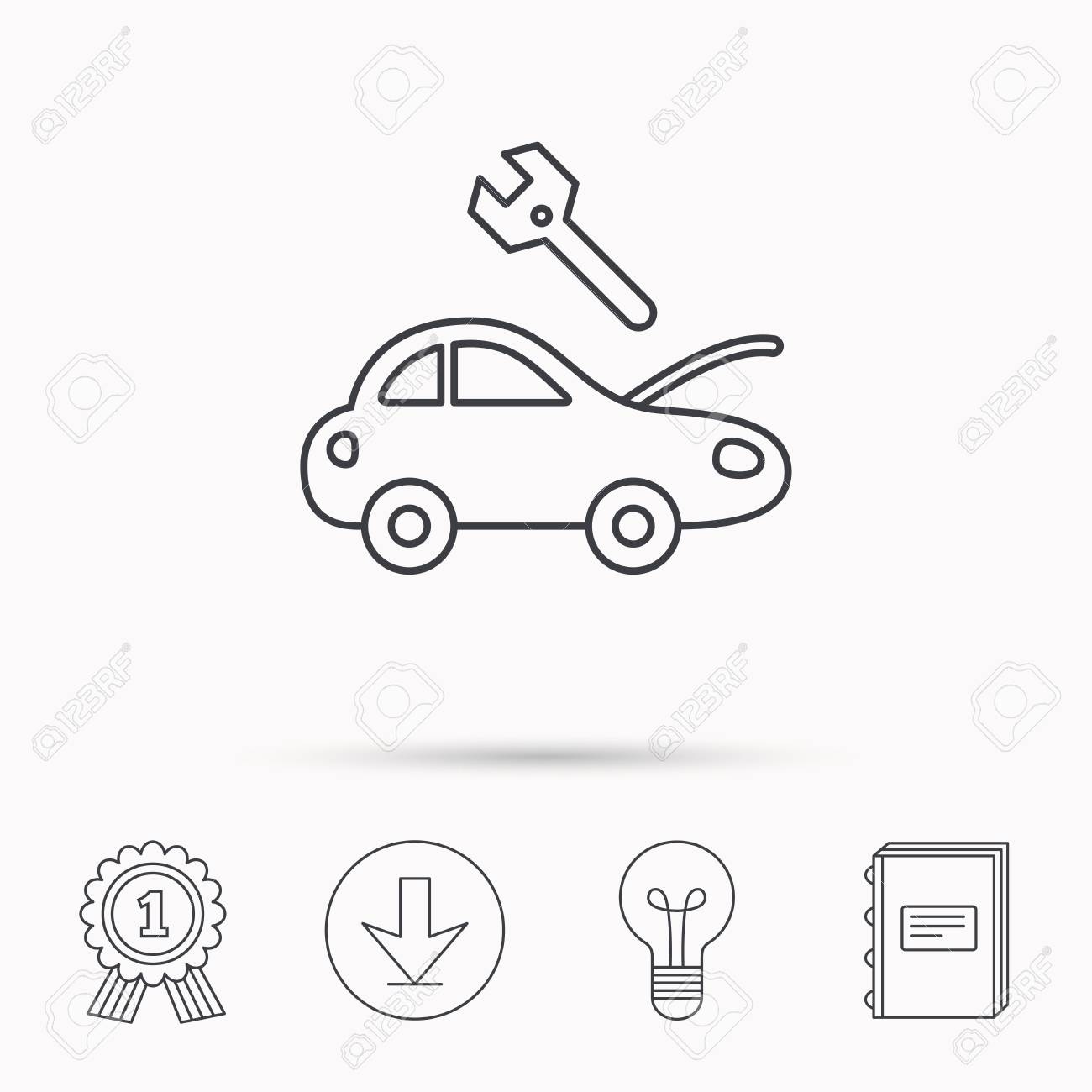 車サービスのアイコン レンチの鍵に署名と修復を輸送します ダウンロードの矢印ランプ 学ぶ本とメダル アイコンを受賞します のイラスト素材 ベクタ Image