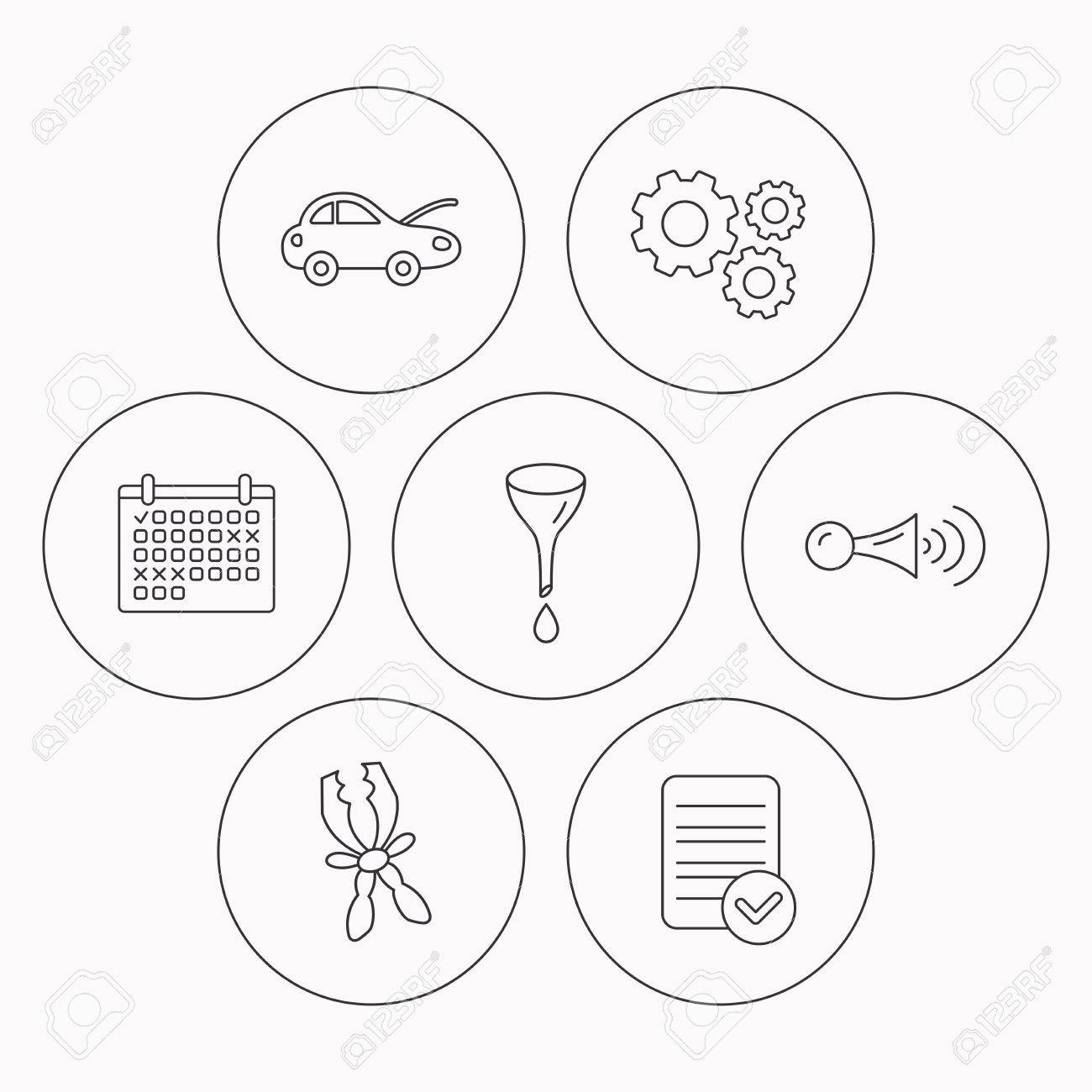 車の修理 オイル交換や信号のアイコン クラクション信号 バッテリー ターミナル線形標識 ファイル カレンダー 歯車のアイコンを確認します ベクトルのイラスト素材 ベクタ Image