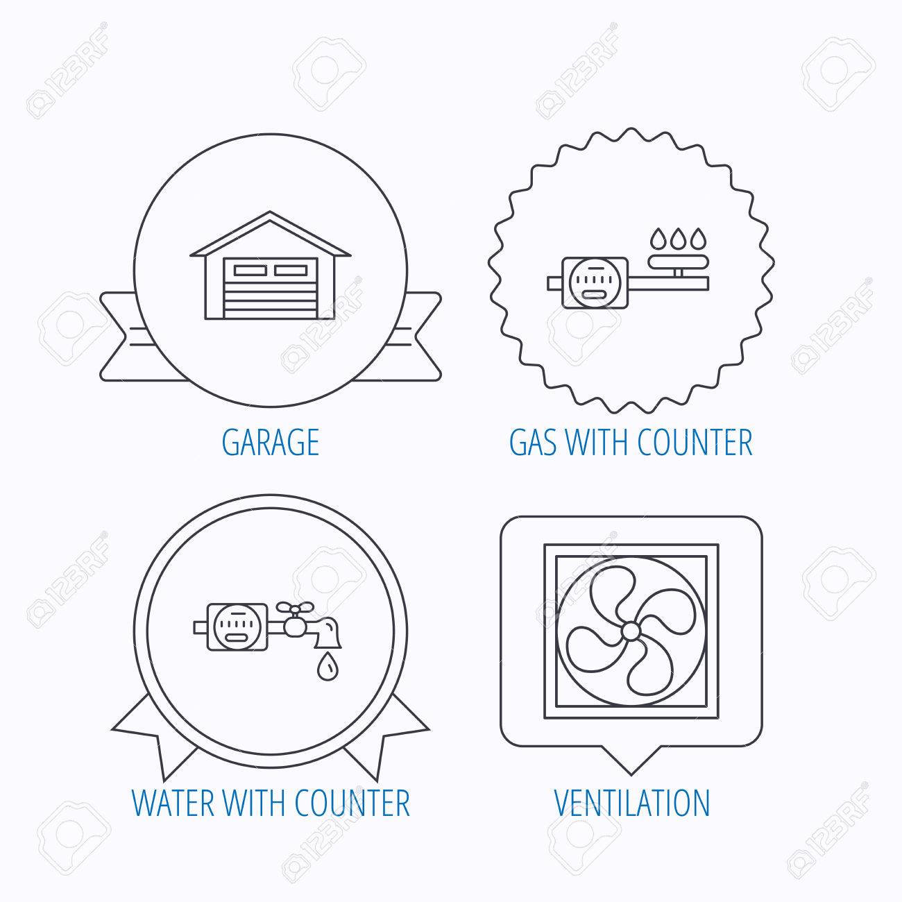 Ventilation Garage Et Compteur Deau Icônes Compteur De Gaz Signe Linéaire Médaille De Prix étiquette étoile Et De La Parole Bulle Designs