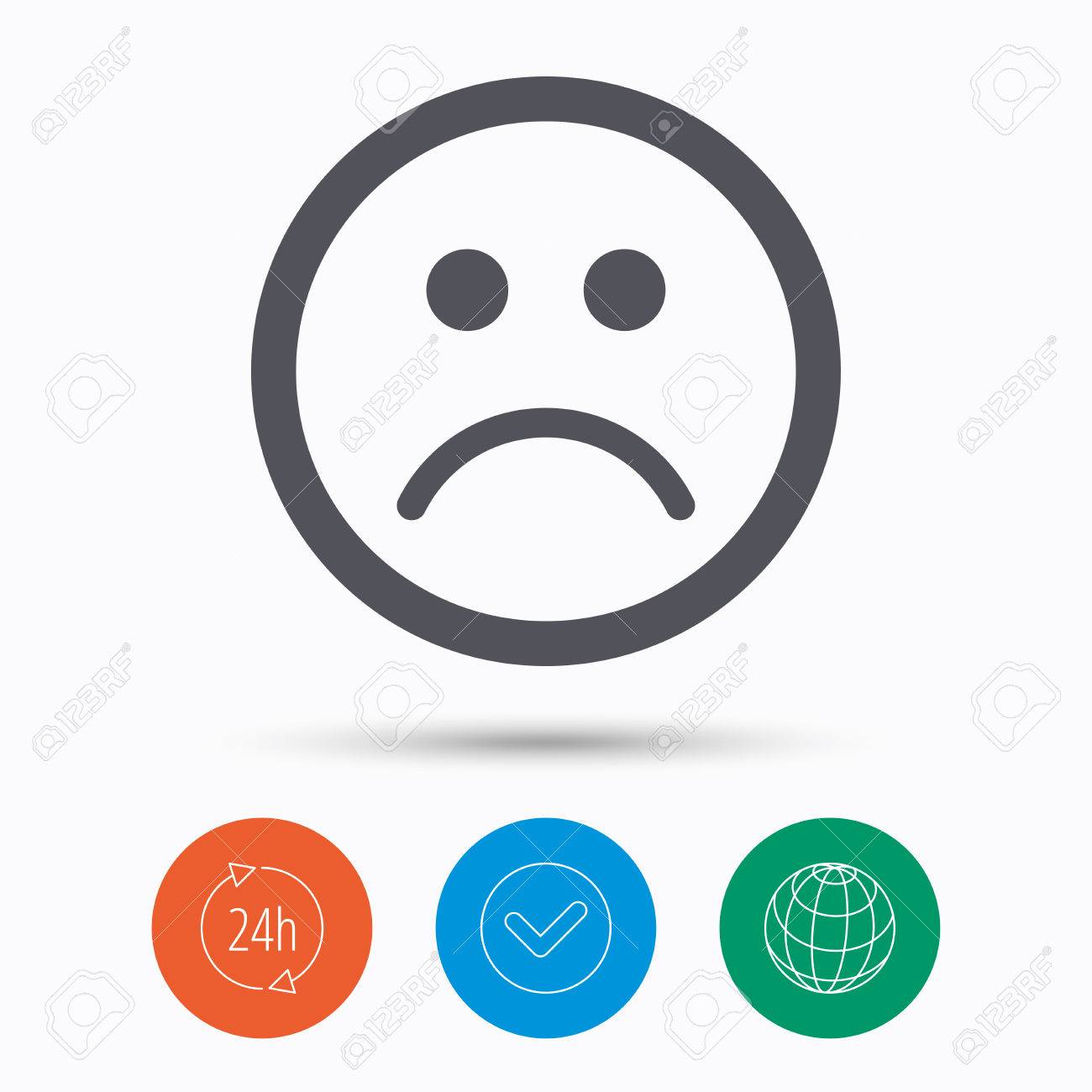 悲しいスマイル アイコン 悪いフィードバック記号です チェック目盛りは 24 時間のサービス インターネットの世界 白い背景に線形のアイコン ベクトルのイラスト素材 ベクタ Image