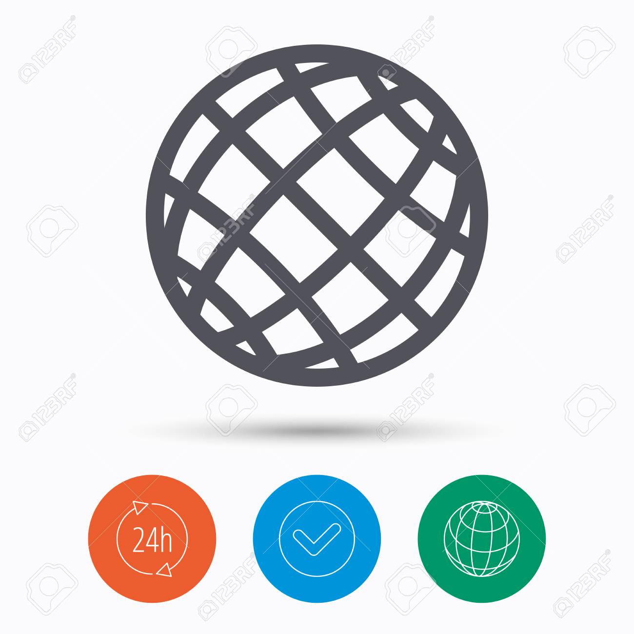 Icone De Globe Monde Ou Symbole Internet Verifiez Tick Service 24 Heures Et Globe Internet Icones Lineaires Sur Fond Blanc Vecteur Clip Art Libres De Droits Vecteurs Et Illustration Image