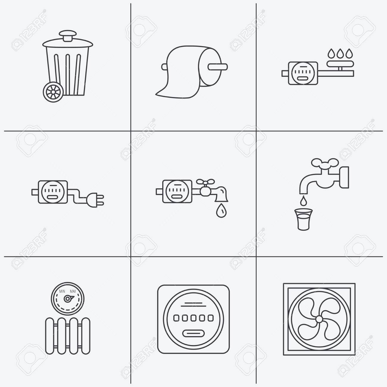 Aération Radiateur Et Compteur Deau Icônes Toiler Papier De Gaz Et Délectricité Compteurs Linéaires Signes Trash Icône Icônes Linéaires Sur