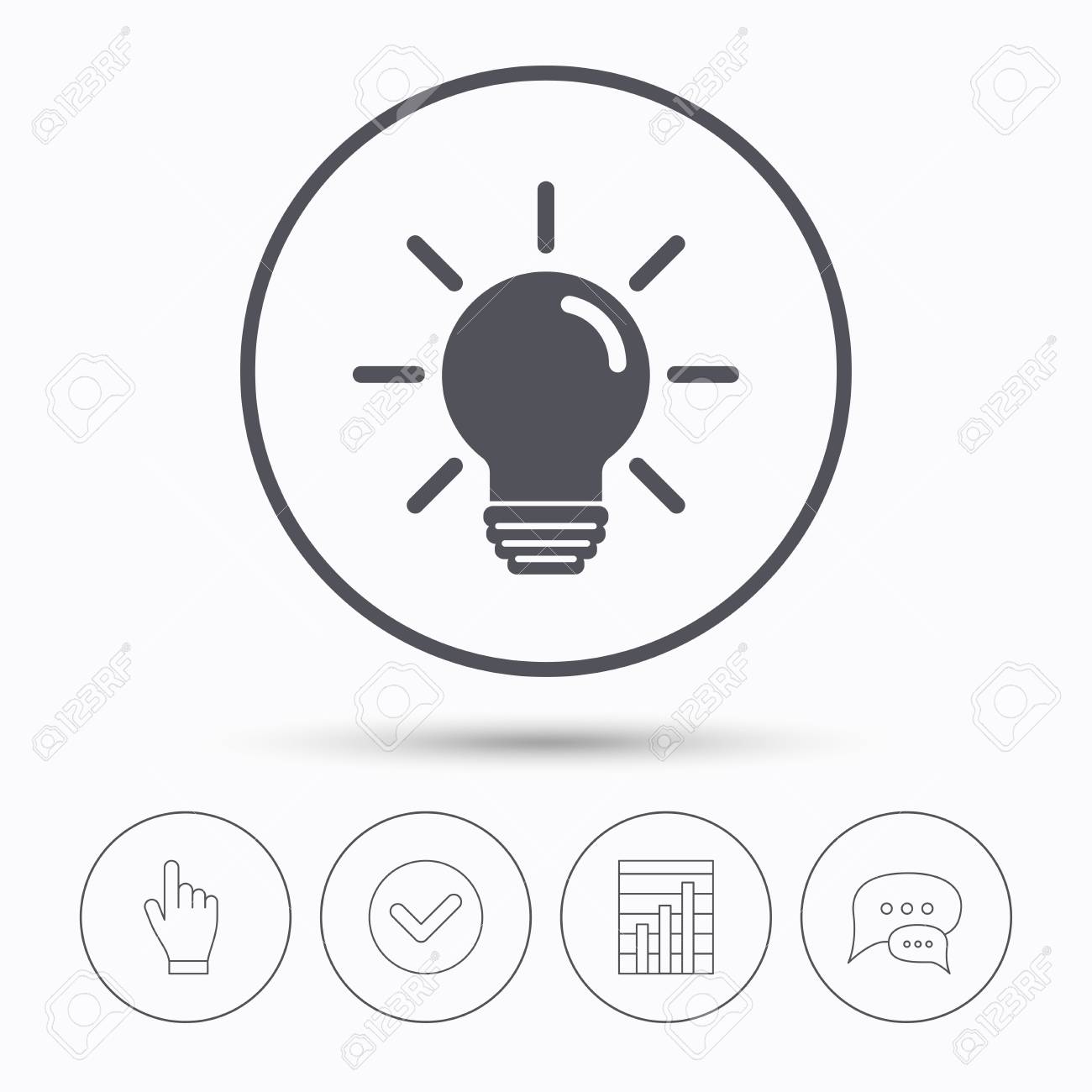 Gluhbirne Symbol Lampenschild Beleuchtung Technologie Symbol Chat Sprechblasen Aktivieren Sie Das Hakchen Melden Sie Das Diagramm Und Klicken Sie Mit Der Hand Lineare Symbole Vektor Lizenzfrei Nutzbare Vektorgrafiken Clip Arts Illustrationen