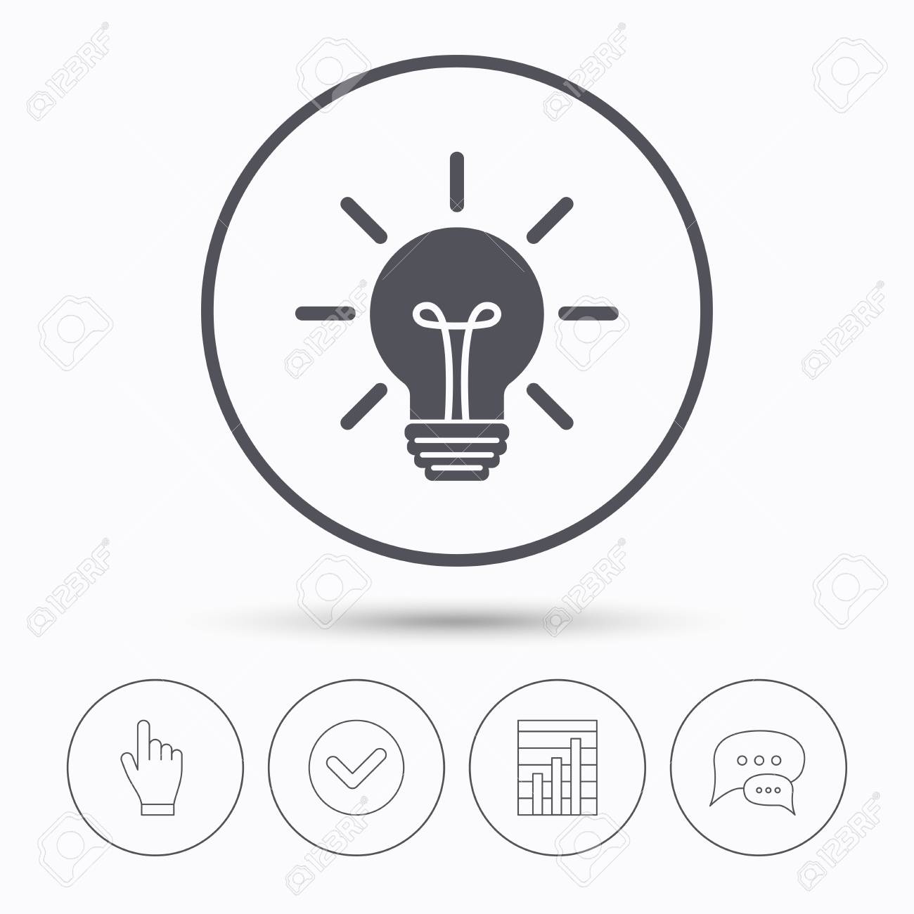 Gluhbirne Symbol Lampenschild Beleuchtung Technologie Symbol Chat Sprechblasen Aktivieren Sie Das Hakchen Melden Sie Das Diagramm Und Klicken Sie Mit Der Hand Lineare Symbole Vektor Lizenzfrei Nutzbare Vektorgrafiken Clip Arts Illustrationen