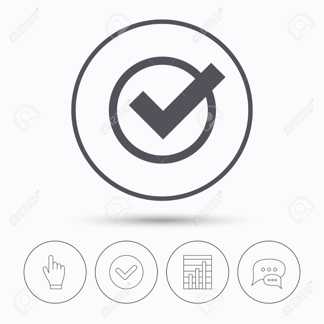 Hakchen Symbol Uberprufen Oder Bestatigen Sie Das Symbol Chat Sprechblasen Aktivieren Sie Das Hakchen Melden Sie Das Diagramm Und Klicken Sie Mit Der Hand Lineare Symbole Vektor Lizenzfrei Nutzbare Vektorgrafiken Clip Arts Illustrationen