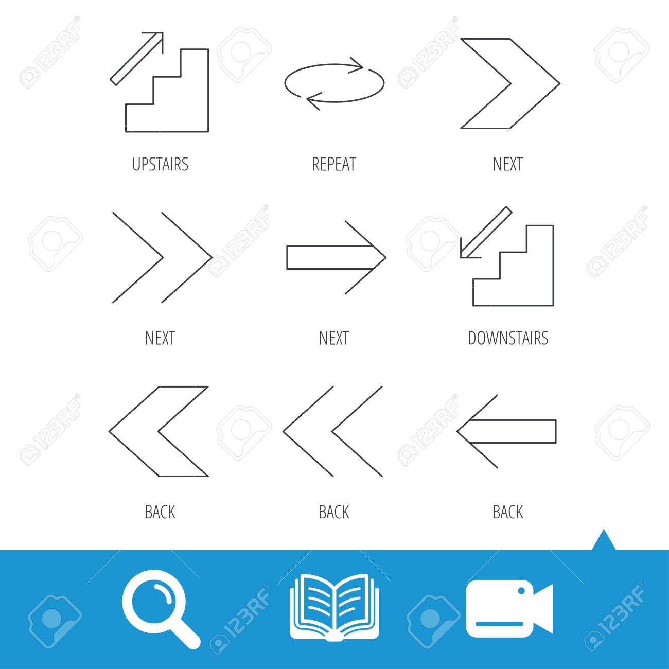 Cones De Setas La Em Cima No Andar De Baixo E Repita Os Sinais Lineares Em Seguida Icones De Linha Plana De Setas De Volta Icones De Pesquisa De Video Cam Livro