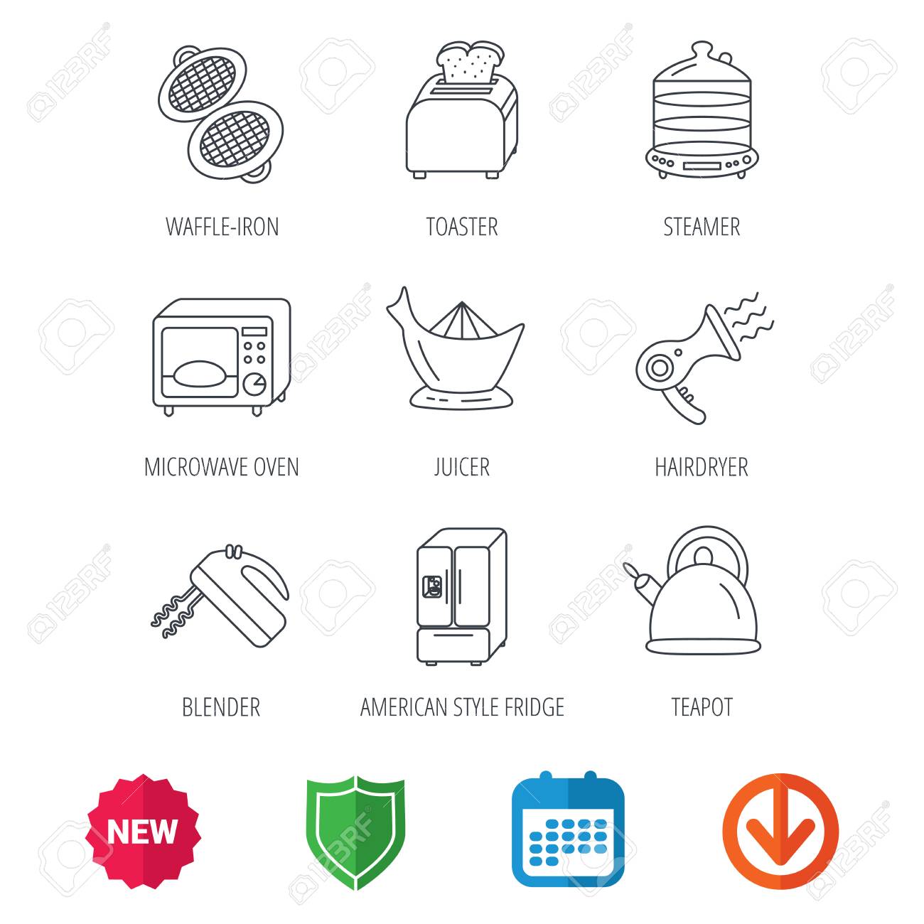 Iconos De Vapor, Secador De Pelo Y Tostadora. Exprimidor De Iconos De Vapor, Secador De Pelo Y Tostadora. Exprimidor De