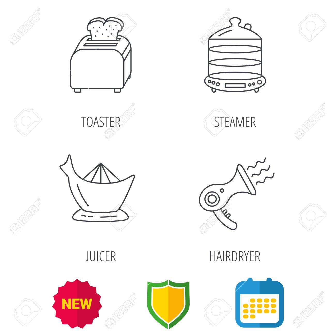 Iconos De Vapor, Secador De Pelo Y Tostadora. Exprimidor De Iconos De Vapor, Secador De Pelo Y Tostadora. Exprimidor De