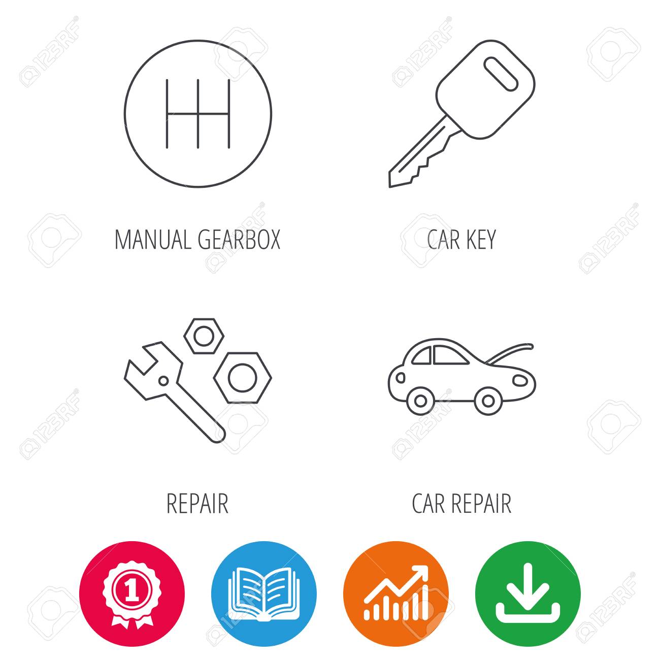 Cle De Voiture Outils De Reparation Et Icones De Boite De Vitesses Manuelle Reparation Automobile Signalisation Lineaire De Transmission Medaille De Recompense Tableau De Croissance Et Icones De Livre Ouvert Telecharger La