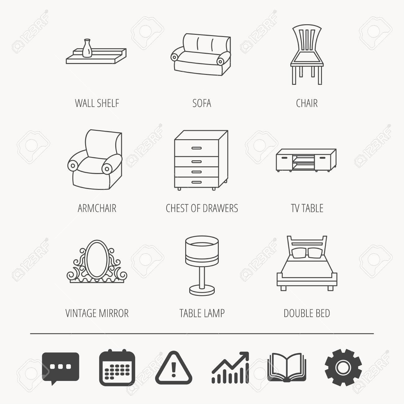 Lit Double Icones De Lampe De Table Et De Fauteuil Chaise Lampe Et Signes Lineaires En Miroir Vintage Etagere Murale Canape Et Commode Livre D Education Graphique Et Signes De Chat Vecteur Clip