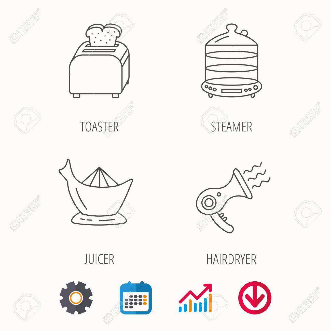 Iconos De Vapor, Secador De Pelo Y Tostadora. Exprimidor De Iconos De Vapor, Secador De Pelo Y Tostadora. Exprimidor De