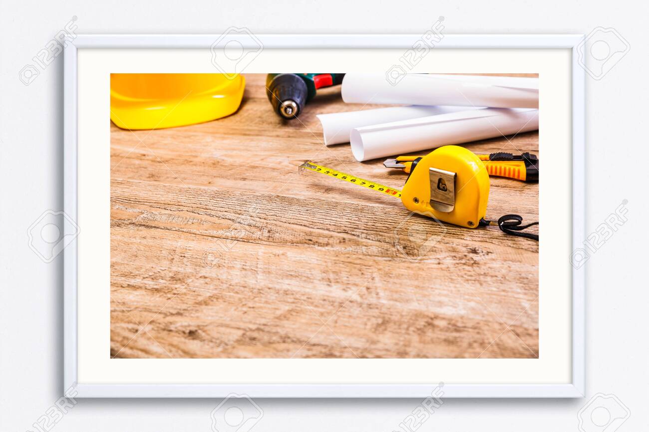 Download Helmet Screwdriver And Tape Measure Paper Plans And Knife Stock Photo Picture And Royalty Free Image Image 135822133