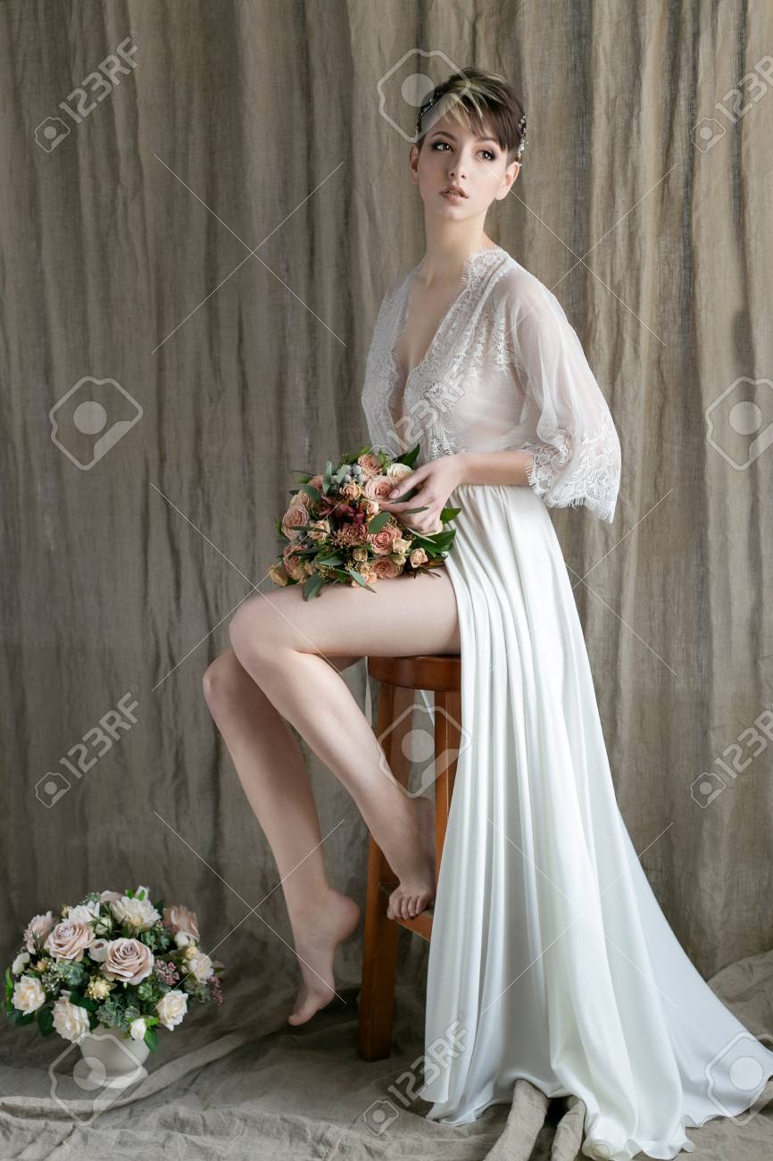 Morning Beautiful Delicate Bride With Sexy Short Hair With A