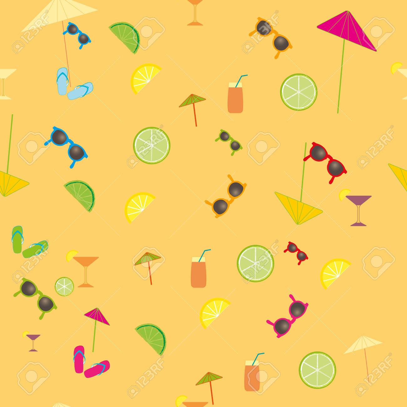 夏描かれた石灰フルーツ スライス スリッパ カクテル 傘 サングラス シームレスなパターンをベクトル パステル カラーのビンテージのかわいい背景 Walpaper 装飾的な織物のベクトル デザイン テクスチャ のイラスト素材 ベクタ Image