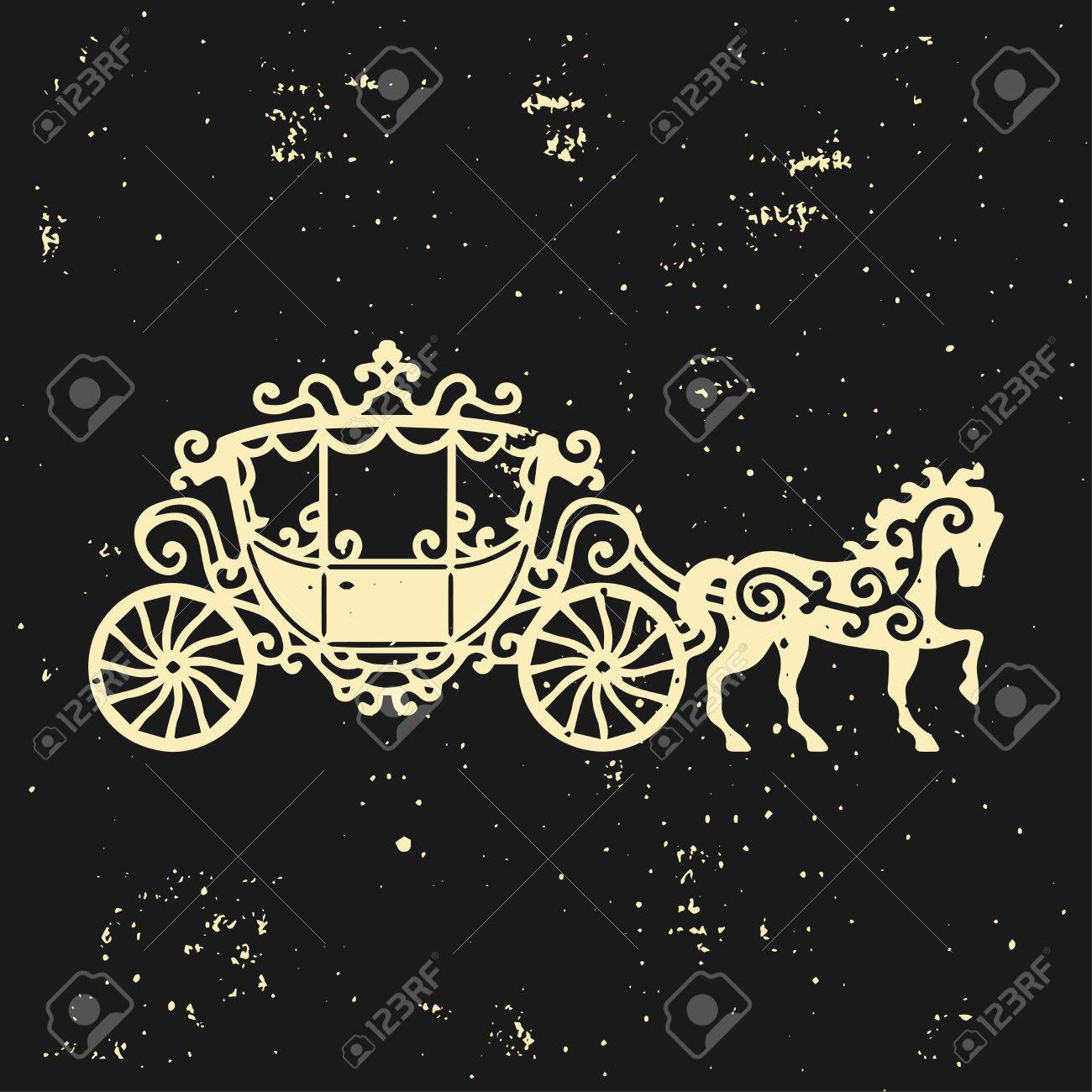 馬と馬車のシルエット バロック様式のブロアムのベクター イラストです 暗い背景に分離されたビンテージ キャリッジ デザイン 招待カード ロゴや装飾の良い のイラスト素材 ベクタ Image