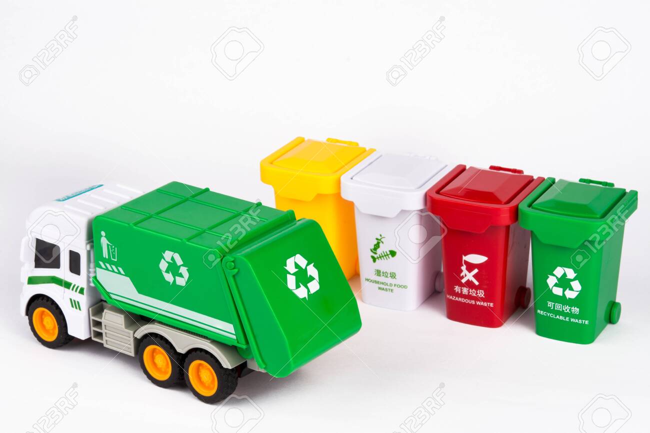 toy garbage truck with trash cans