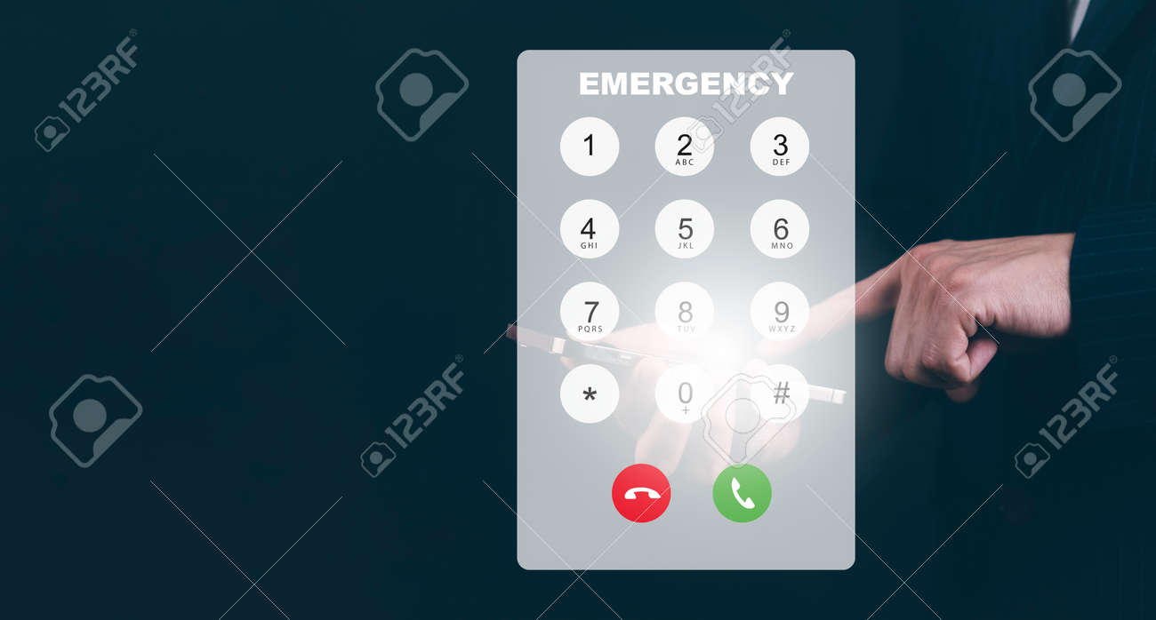 緊急で透明な電話ボタンを備えた仮想電話のキーパッドでダイヤルする、画面上の電話番号のビジネスマンのタッチボタン、電話 をかけるためのスマートフォンの指のタッチ番号、クローズアップの写真素材・画像素材 Image 184202089
