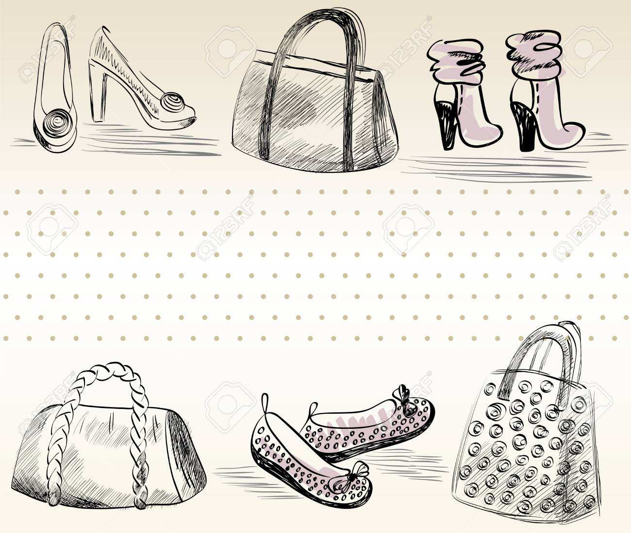 ファッション靴とバッグ 手描きのイラスト のイラスト素材 ベクタ Image
