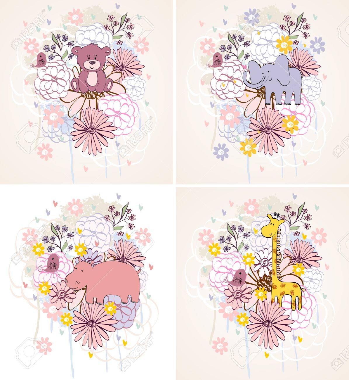 Arrière Plan élégant De Fleurs Avec Des Animaux De Dessin Animé Dans Des Couleurs Claires