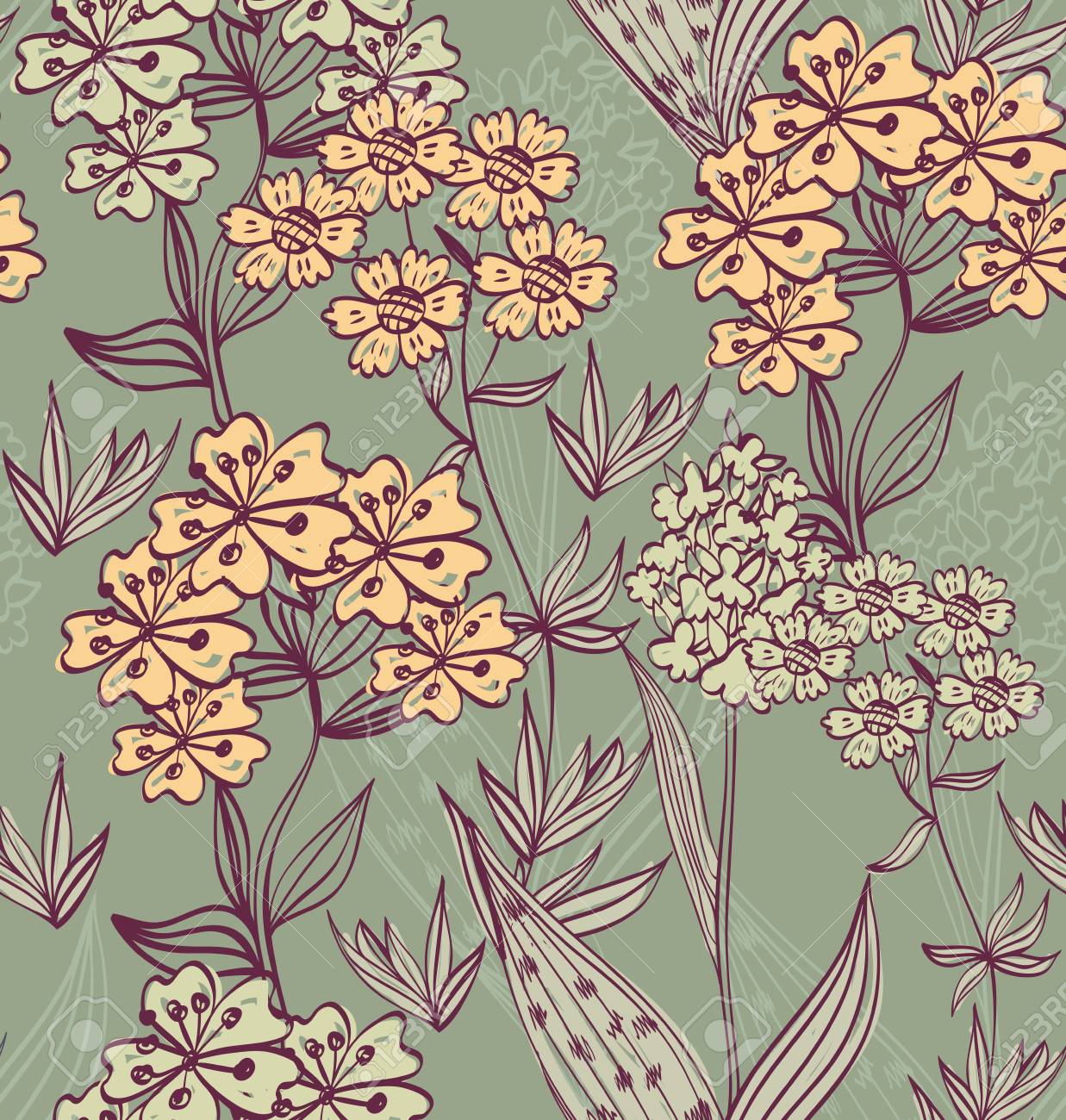 花の背景 リアルな植物とのシームレスなパターン のイラスト素材 ベクタ Image