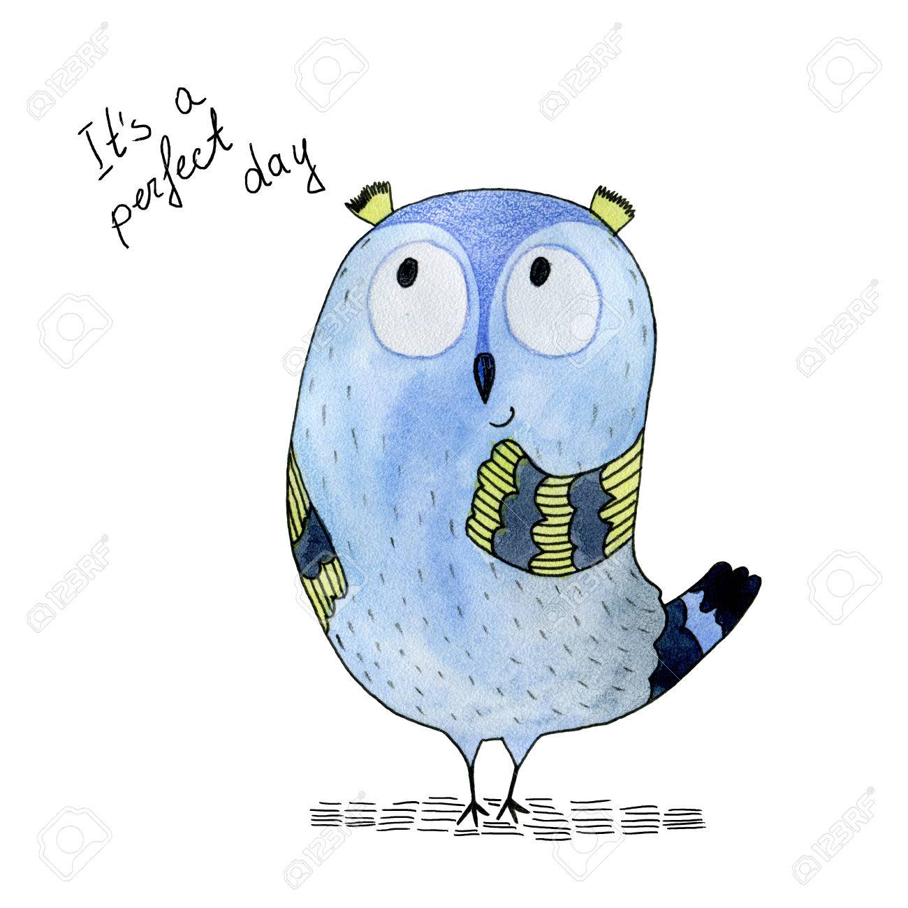 Aquarelle Illustration Drôle Avec Hibou Dessin Doiseau Dessiné à La Main