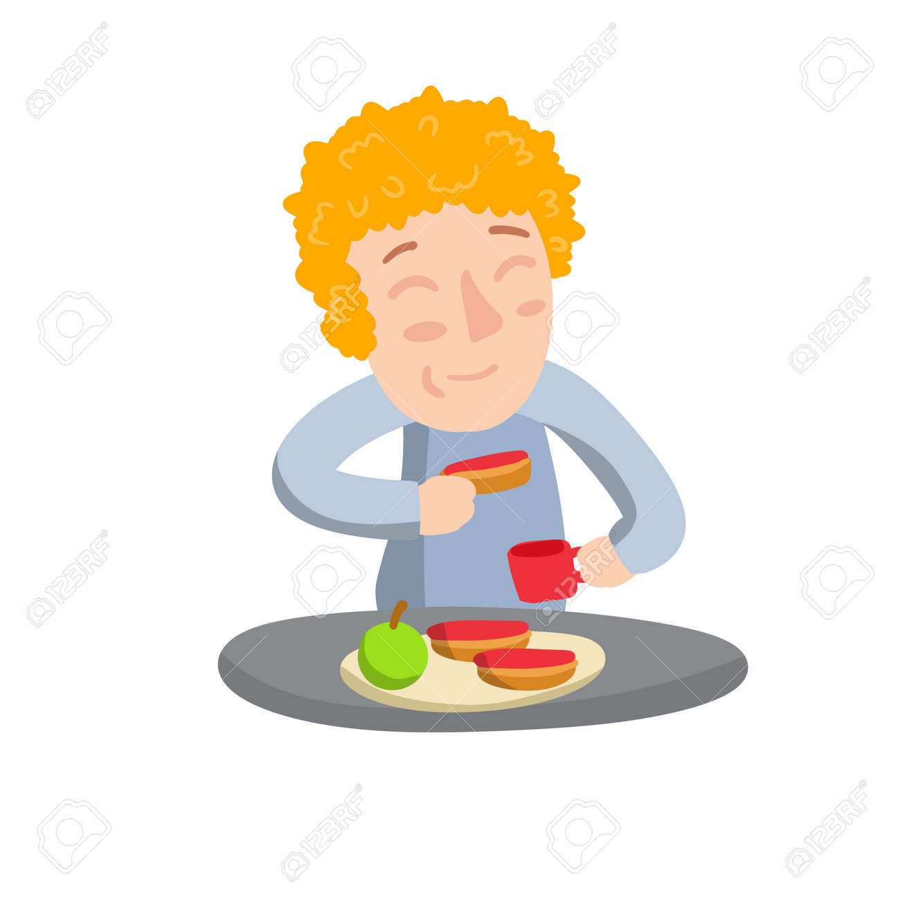 Boy Eat Breakfast With Sandwiches, Apple And Tea In Mug. Child At Table.  Food And Element Of Kitchen. Happy Character. Flat Cartoon Illustration  Royalty Free SVG, Cliparts, Vectors, and Stock Illustration. Image, image size:1300x1300